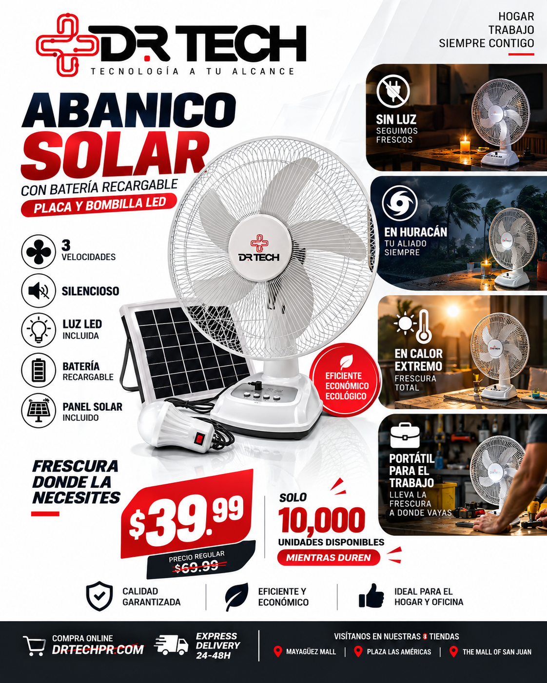 Abanico Solar Recargable con Panel Solar y Bombilla LED