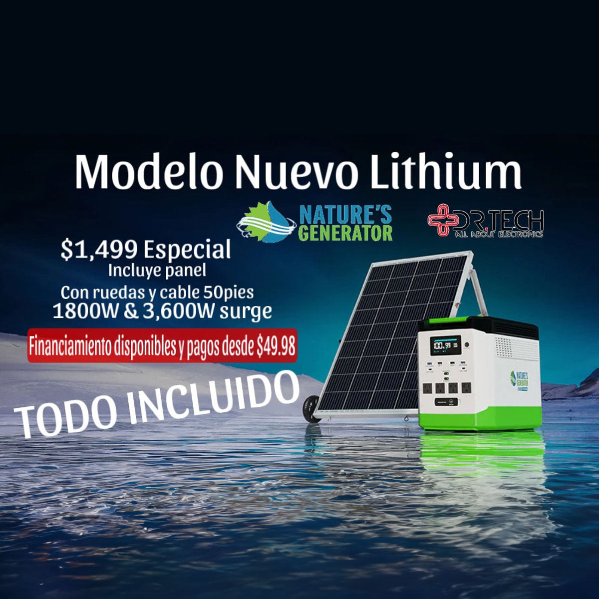 Dr. Tech Puerto Rico Nature's Solar Power Generator Lithium 1800 / 3600W Surge