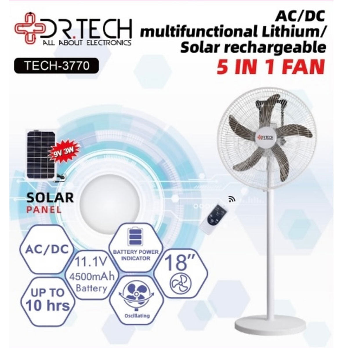 Dr. Tech Puerto Rico - Solar Fan 5 in 1 of 18" Lithium
