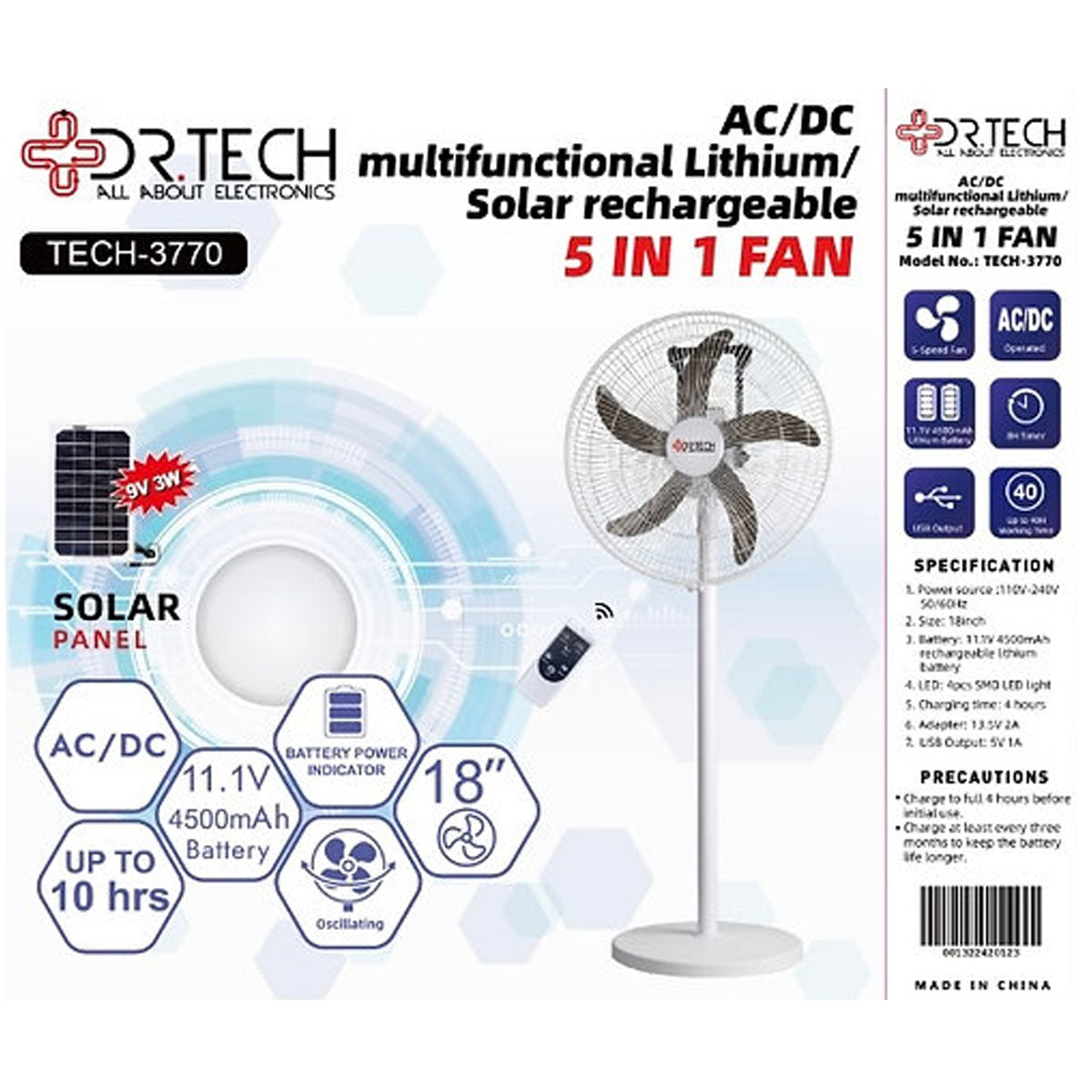 Dr. Tech Puerto Rico - Solar Fan 5 in 1 of 18" Lithium