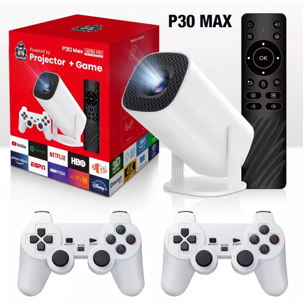 P30 MAX 4K Portable Smart Projector with Built-In Retro Game Console | 100,000h LED | Wi-Fi | Dual Gamepads Included